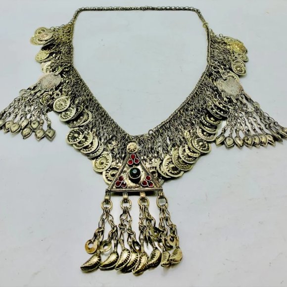 Tribal Kuchi Necklace, Silver Necklace With Dangling Tassels Exotic Collectible - Picture 3 of 9